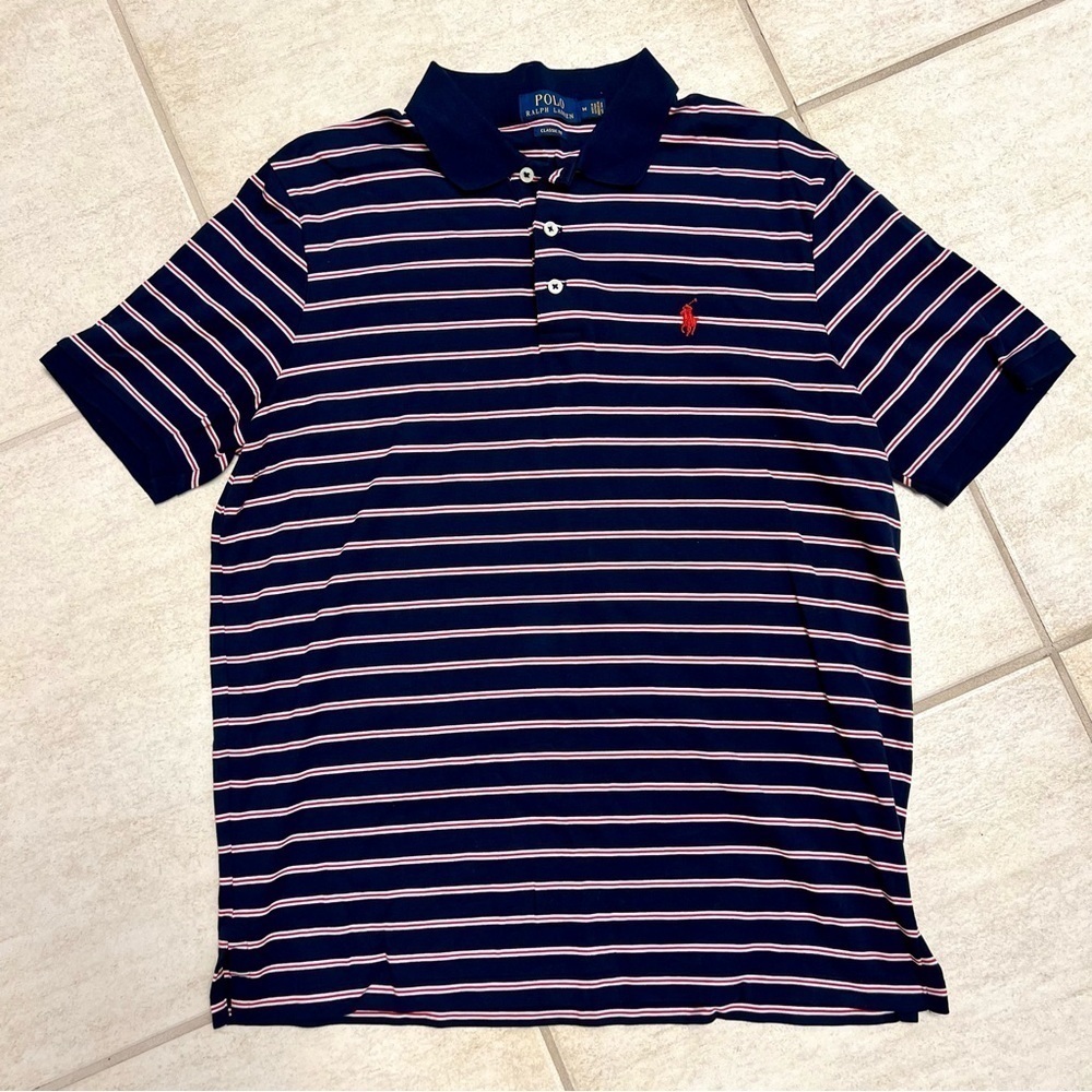 POLO RALPH LAUREN Classic Fit Striped Polo Shirt men size M preppy office cotton